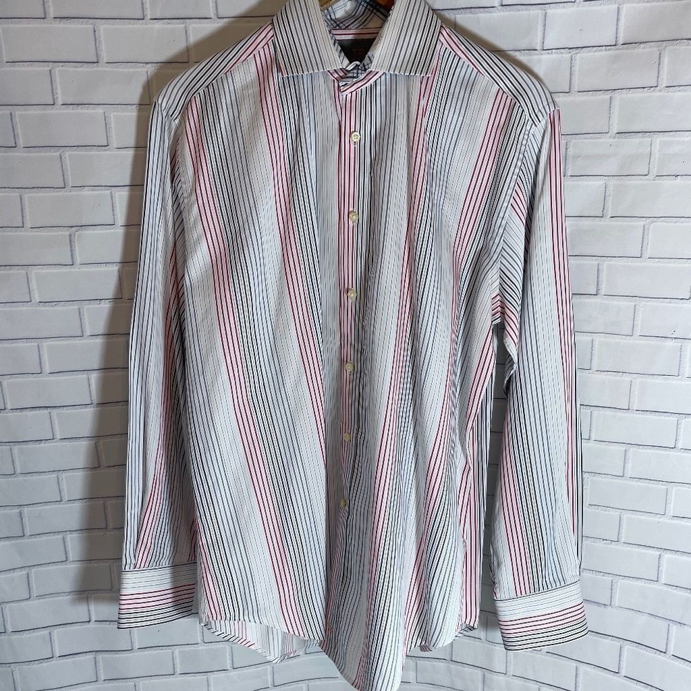 Thomas Dean Pima Cotton Multi Striped Dress Shirt